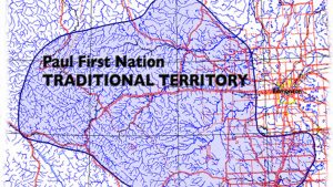 A map shows the traditional territory of the Paul Band First Nation in Alberta. The Building Trades of Alberta is planning a pilot project for the First Nation where it will help provide on-reserve trades training and exposure to students and young people.