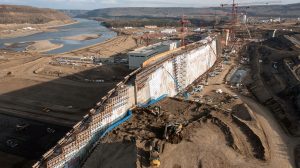 Site C crews recently completed work on the project’s massive roller-compacted concrete buttress.