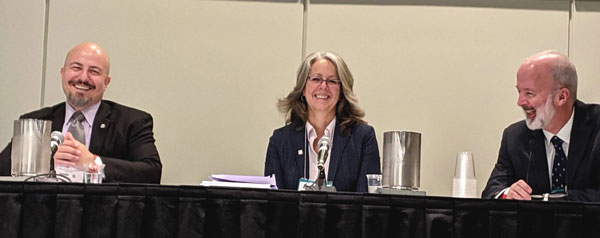 Three panellists representing the Construction and Design Alliance of Ontario, (from left) Giovanni Cautillo, Kristi Doyle and Bruce Matthews, share a laugh during a recent Buildings Show panel discussion on project planning and documentation.