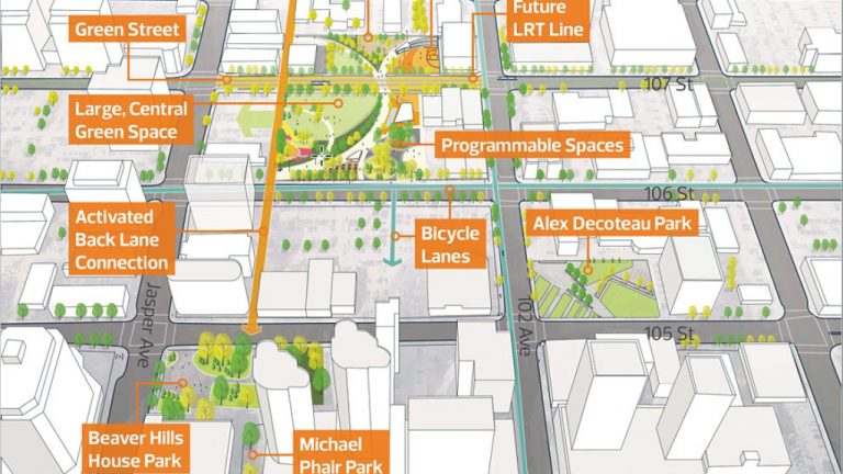 A map shows plans for Warehouse Park in downtown Edmonton.