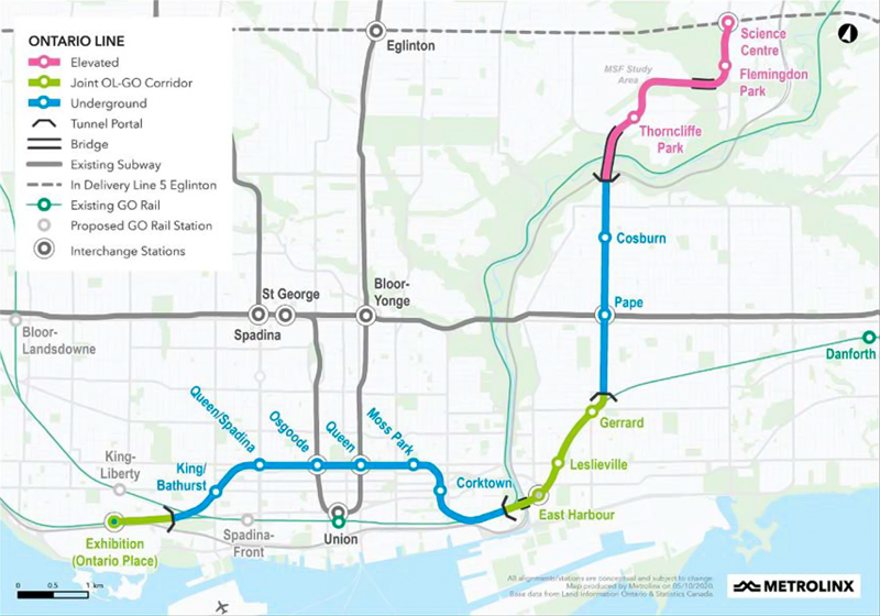 A report on temporary road closures and community impacts caused by construction of Metrolinx’s Ontario Line in Toronto illustrates sections that will run along the existing GO corridor, through two new tunnels and on new elevated tracks.