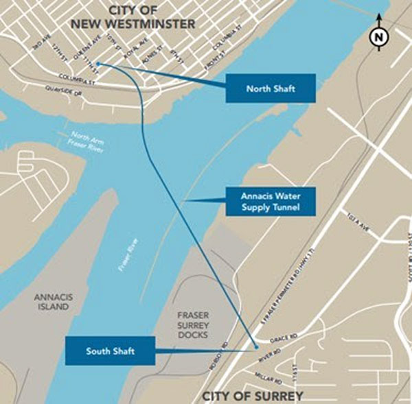 A map shows the route of the Annacis Water Supply Tunnel, Fraser River Crossing project in B.C. The project will be built by Traylor-Aecon General Partnership.