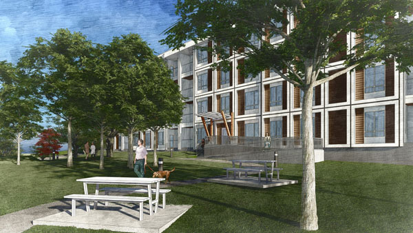 The Sooke affordable housing project is a partnership between the federal and provincial governments, the Capital Regional District and M’akola Housing Society, which will occupy the onsite office. It features insets, detailing and building articulation.