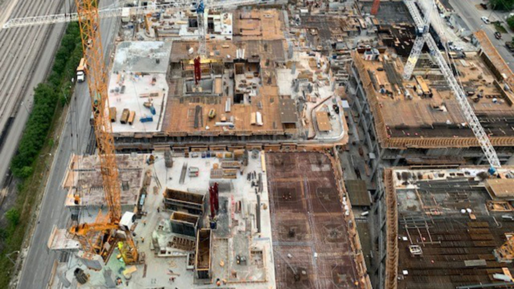 Stephanie Crarey worked on some major projects while employed at Avenue Building Corp. doing formwork. Pictured is her view looking down at other buildings on The Well site in Toronto in 2020.