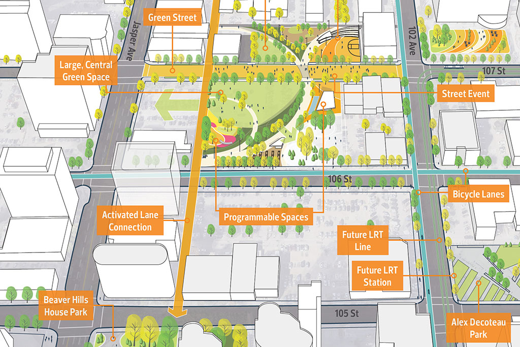 A map of the area in Edmonton’s downtown core where Warehouse Park will reside shows features of the park and surrounding amenities and infrastructure.