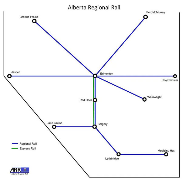 A proposed regional rail network in Alberta would connect Edmonton, Calgary and Red deer along with surrounding rural centres.