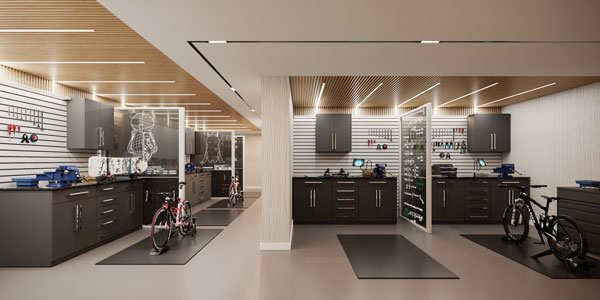 The Gear Room at Concord Sky will be a space for residents to tune their bikes, snowboards or skis using condo-provided shared tools and will feature a bike washing station, access via a dedicated bike elevator and a cycling simulator spin room so that residents will have the option to exercise indoors on rainy days.