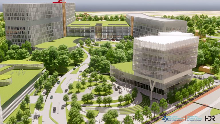 The preliminary design model for the new Civic Campus of The Ottawa Hospital shows two in-patient towers connected to a central podium. At 2.5 million square feet, the campus will be one of the largest infrastructure projects ever in the capital city. Construction on the buildings is scheduled to start in 2024.