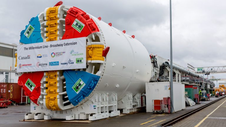 Two tunnel boring machines built in Germany wait to be sent to Vancouver where they will be used to dig tunnels for a Vancouver subway project.