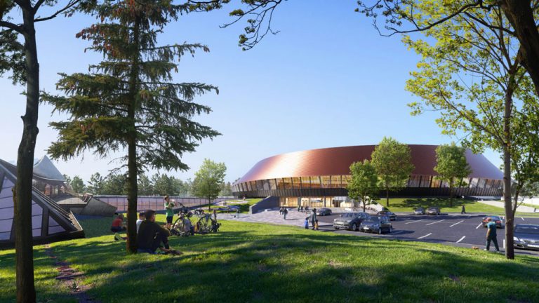 A rendering shows the design of the Coronation Park Sports and Recreation Centre which will include high-performance cycling facilities and community recreation programming.