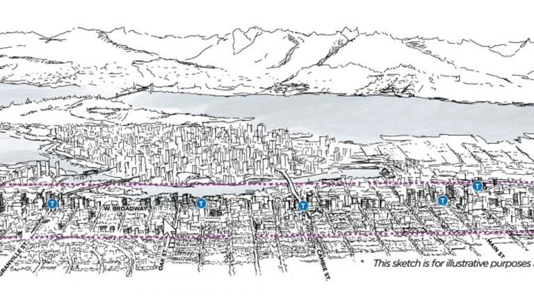 A rendering shows the pathway of Vancouver’s future Broadway Subway. Development in the corridor is currently being considered in the city’s proposed Broadway Plan which is scheduled to be finalized this year.