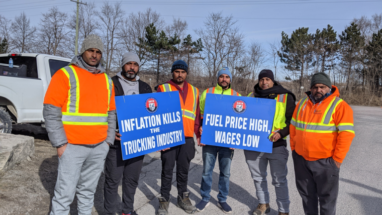 Drivers and owner-operators with the Ontario Aggregate Trucking Association protested rising costs and stalled rates outside the gates of the Lafarge Dundas quarry in Hamilton on March 22.
