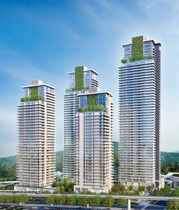 The City of Lougheed, a four tower complex in Burnaby, utilizes trellis cables to support vines that form walls on the upper floors as designed by Architek.