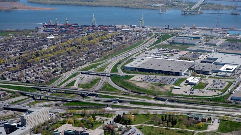 An aerial view shows Montreal Island (below) and the St. Lawrence River connecting to Charron Island and the South Shore. The Louis-Hippolyte-La Fontaine tunnel is undergoing a significant upgrade to ensure it is safe for motorists.