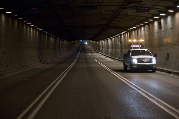 Shown is an interior view of one three-lane section of the Louis-Hippolyte-La Fontaine tunnel.