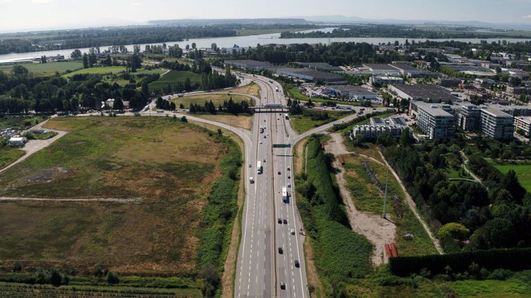 An aerial photograph shows the Richmond site where crews will soon begin early work for a five-lane interchange.