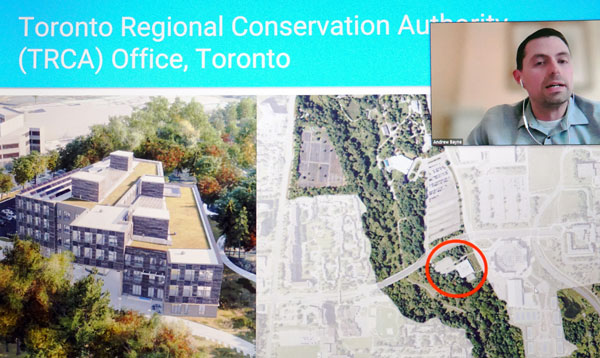The 90,000-square-foot head office of the Toronto Regional Conservation Authority, currently under construction, will become a four-storey mass timber building constructed on a sloping grade in a ravine in three distinct wings. 