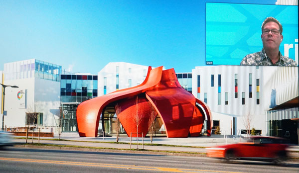 The Great Northern Way Pavilion in Vancouver features curling, overlapping large petal shapes constructed from wood. Its construction was compared to a boat, where there are ribs to help give its shape. 