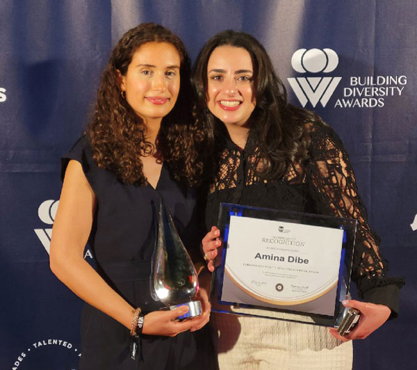 Amina Dibe (left) manager of government and stakeholder relations for the Residential Construction Council of Ontario (RESCON), was named winner of the 2022 Community Benefits Champion Award at the Toronto Community Benefits Network Building Diversity Awards on May 10. Dibe and Ahd AlAshry, attended the award ceremony at Design Exchange in Toronto.