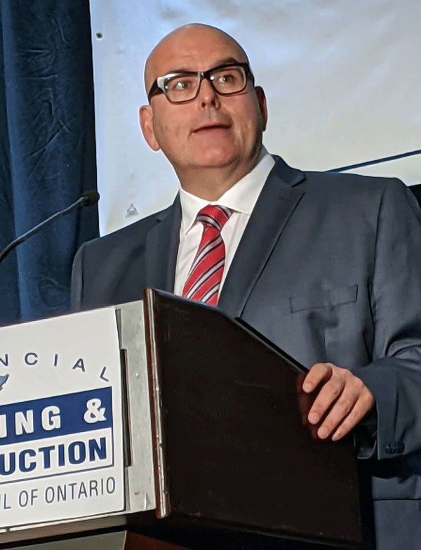 A former Carpenters’ union employer, current Liberal Leader Steven Del Duca addressed an Ontario Building Trades gathering last fall.