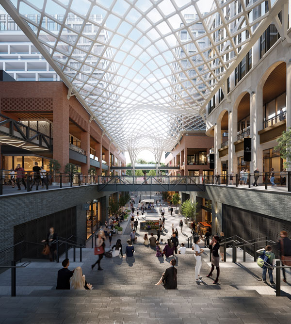 Much of The Well’s outdoor retail alley will be protected from the elements by a 35,000-square-foot glass canopy manufactured by Gartner of Germany.