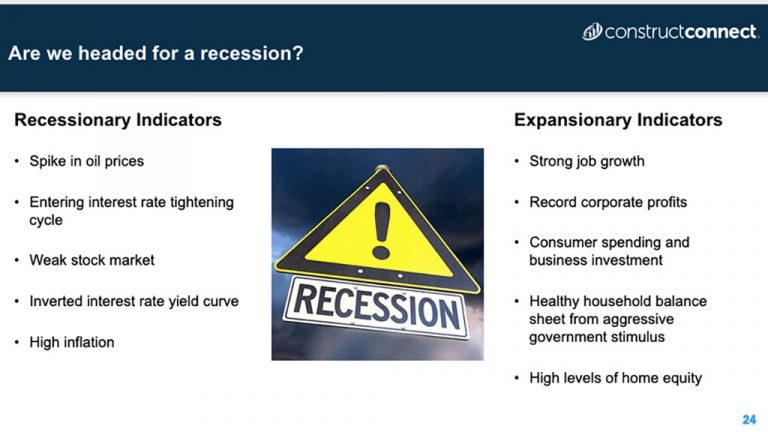 American Institute of Architects chief economist Kermit Baker outlined two sets of economic indicators, one that pointed to possible recession and the other indicating growth, during a recent economic webinar hosted by ConstructConnect.