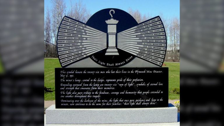 A memorial honours the 26 miners who died on May 9, 1992, when a methane and coal-dust explosion ripped through the shafts in Plymouth, N.S. Eleven miners’ bodies were never recovered from a shaft.