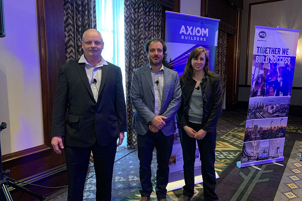 RDH Building Science Inc. principal and construction specialist James Bourget (left), Technology Zero Energy/Emission Buildings Learning Centre manager Alexandre Hebert (middle) and curriculum manager Mary McWilliam (right) and presented The Retrofit Wave: Are You Ready? session at the recent VRCA Construction Leadership Forum in Whistler, B.C.