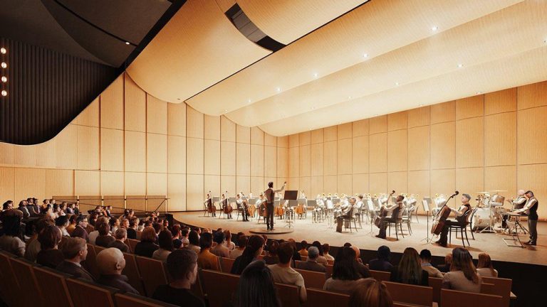 Shown is a rendering of the Desautels concert hall at the University of Manitoba.