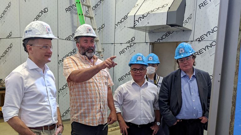 Federal Minister of Labour Seamus O’Regan (left) toured the College of Carpenters and Allied Trades Facility in Vaughan, Ont. July 14. After the tour he spoke to reporters about the importance of attracting people to the skilled trades.