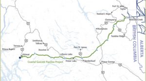 A map shows the route of the Coastal GasLink Pipeline through B.C. and Alberta.