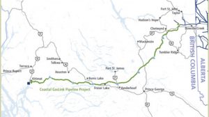 这张地图显示了通过不列颠哥伦比亚省和阿尔伯塔省的沿海天然气管道的路线。