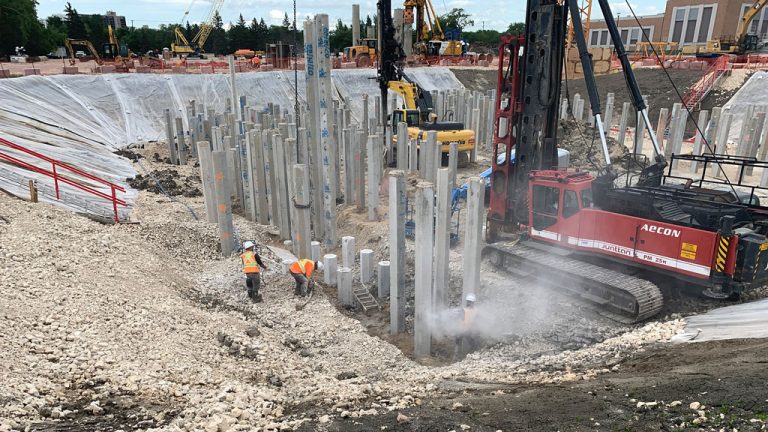 Work on the Winnipeg North End Sewage Treatment Plant phase one headworks job got underway in 2021. Pictured last month, crews at work in the grit area cutting piles. Aecon, Oscar Renda and Hatch are working in joint venture as Red River Solutions.