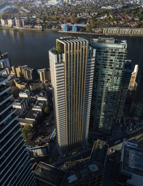 A 48-storey volumetric tower of student apartments will soon rise from the Canary Wharf district of London, U.K.