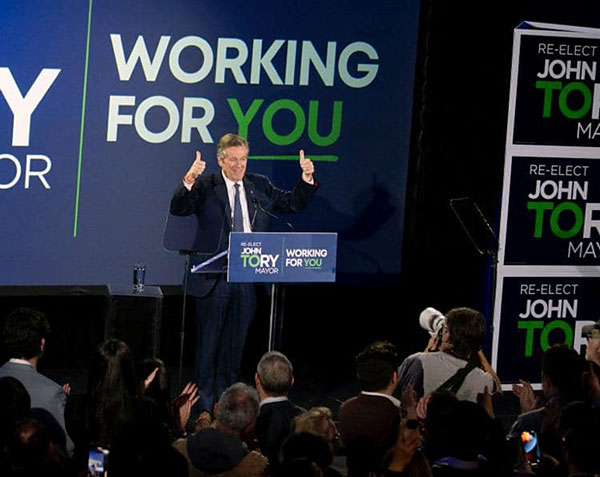 Toronto Mayor John Tory said in his victory speech Oct. 24 he has unfinished business to address in his third term