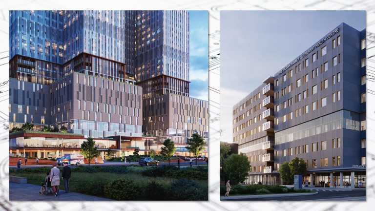 Pictured are renderings of the Peter Gilgan Mississauga Hospital (left), part of the Trillium Mississauga long-term redevelopment project, and the Queensway Health Centre (right).