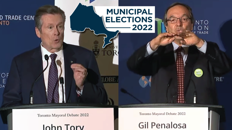 Toronto Mayor John Tory (left) faced off against four adversaries at the Board of Trade debate Oct. 17. Toronto mayoral candidate Gil Penalosa (right) presented his vision for a walkable neighbourhoods during the Oct. 17 Board of Trade debate.
