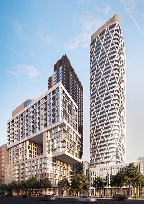 Lanterra’s Artists’ Alley residential development on Simcoe Street in Toronto was designed by Hariri Pontarini Architects with interior design by Studio Munge. Three towers will rise to heights of 39, 35 and 18 storeys with May 2024 occupancy targeted.