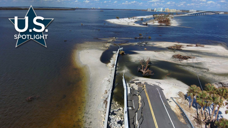 One hundred crews worked around the clock to repair a three-mile-long causeway that links Sanibel Island to the Florida mainland southwest of Fort Meyers that was washed away by Hurricane Ian in September. Crews rushed to complete the emergency repairs in 15 days.