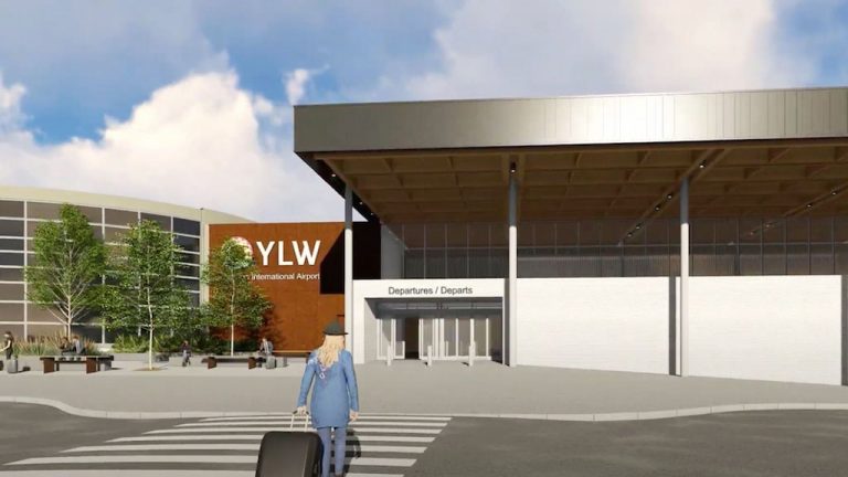 The mass timber terminal at Kelowna International Airport will feature a number of eco-friendly elements, including a geo-exchange heating and cooling system and LED lighting, along with a high-performing building envelope, ground source heat pumps, a signature “waffle” roof of cantilevered glulam girders and plenty of windows to let in light.