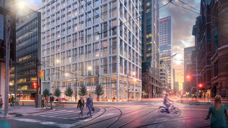 The Cambridge Suites Hotel in Toronto’s financial district is being completely modified. Consideration was given to tearing down the original hotel and building from scratch, but integrating the original structure greatly reduces carbon emissions.