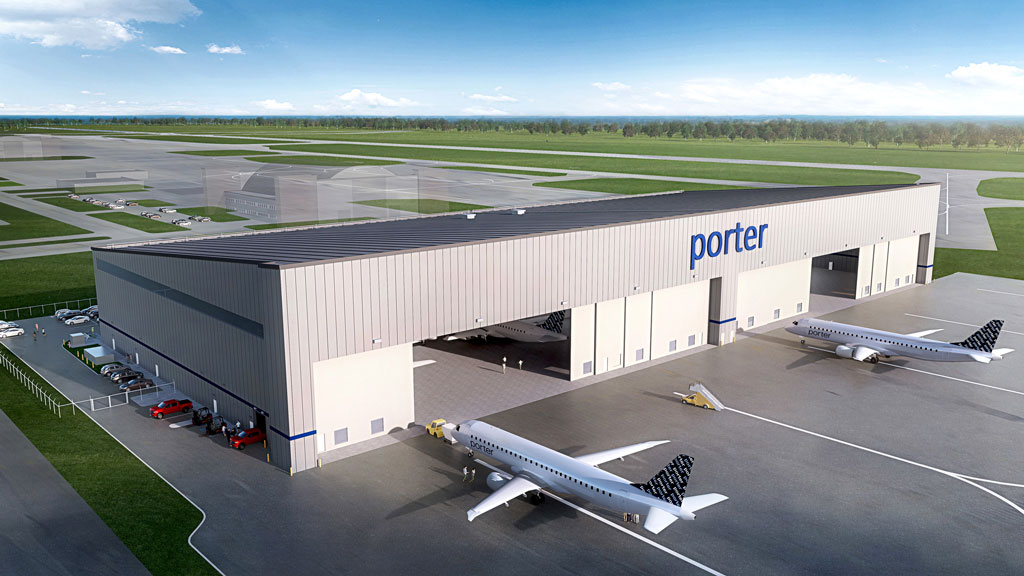 Porter Airlines behind two massive hangars at Ottawa International Airport