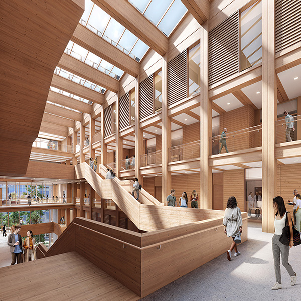 This rendering shows the exposed mass timber in the atrium of the University of British Columbia’s Gateway Building, which is currently under construction with an expected occupancy date of August 2024.