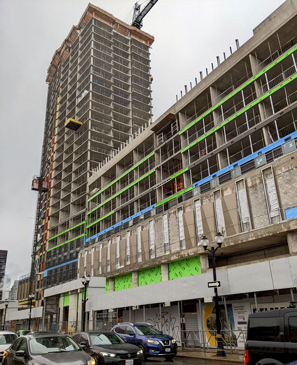 The 10 Bay Street graduate student residence project at the corner of Bay and King in Hamilton, Ont. recently topped off at 30 storeys.