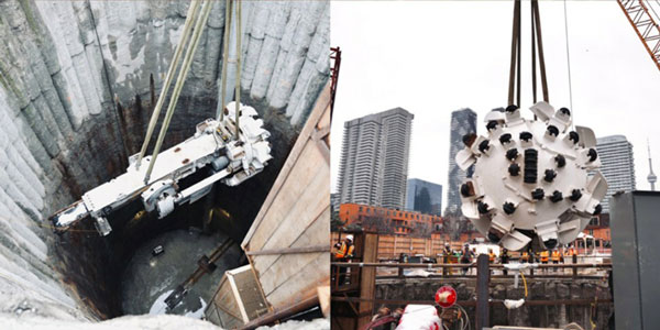Pictured is Hydro One’s Celtic Tiger Tunnel Boring Machine being lowered into the ground.