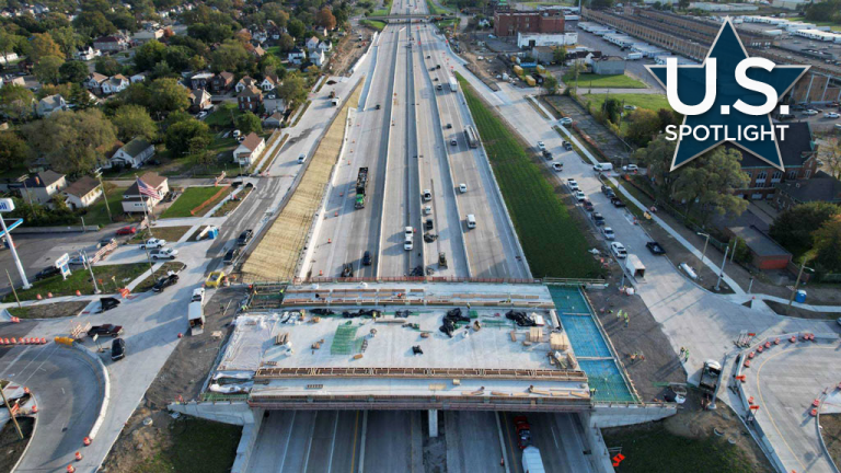 Photo shows progress of interchange construction over Interstate 75 in southwest Detroit. The new Gordie Howe International Bridge, out of view to the right, is also under construction.