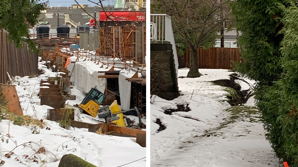 Retaining wall collapse in Langley caused by water accumulation