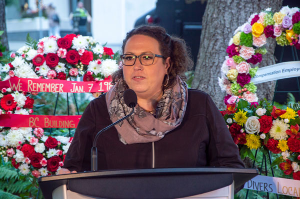 Executive director of the BC Building Trades, Brynn Bourke, speaks at the Bentall Memorial on Jan. 6. Bourke says there is a consistent pattern of roughly 30 construction worker deaths per year in B.C. but, with recent regulations introduced around asbestos safety, she hopes the page is slowly turning.