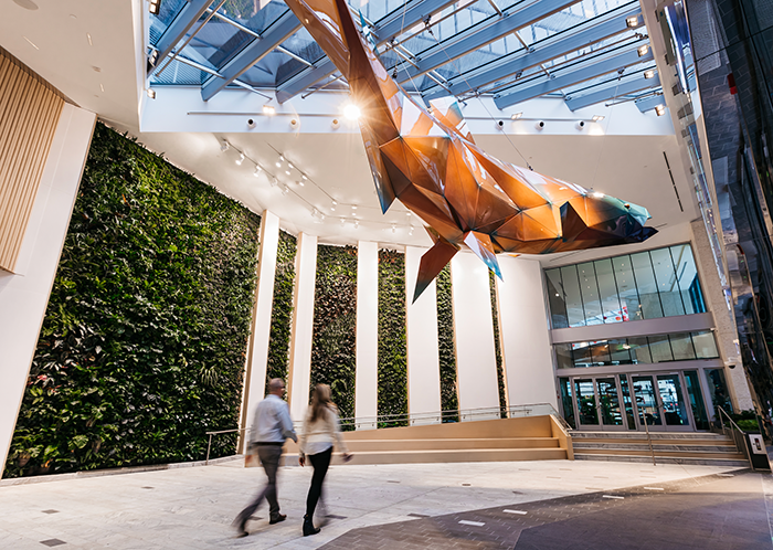 Douglas Coupland’s, member of the Order of Canada, artist, novelist and designer, sculpture of a sockeye salmon hangs in the centre’s atrium lobby.