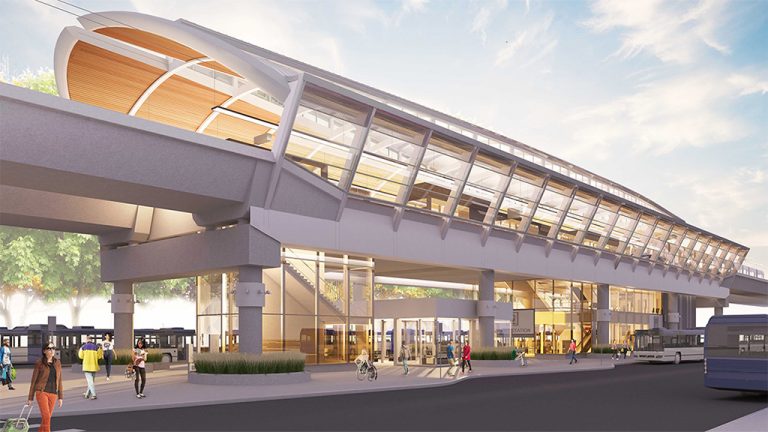 A rendering of Davies Station in Edmonton, Alberta. The Valley Line Southeast LRT is nearing completion with repairs 94 per cent complete on the concrete piers and only testing and clean-up ahead for the construction team, says TransEd CEO Ronald Joncas.